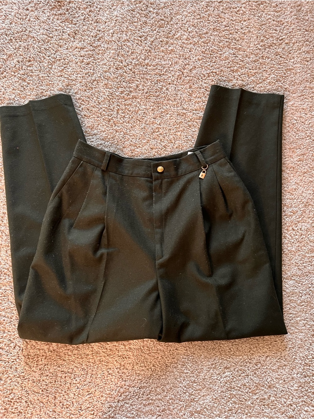 Vintage dark green 100% New wool trousers with gold button and lock detail